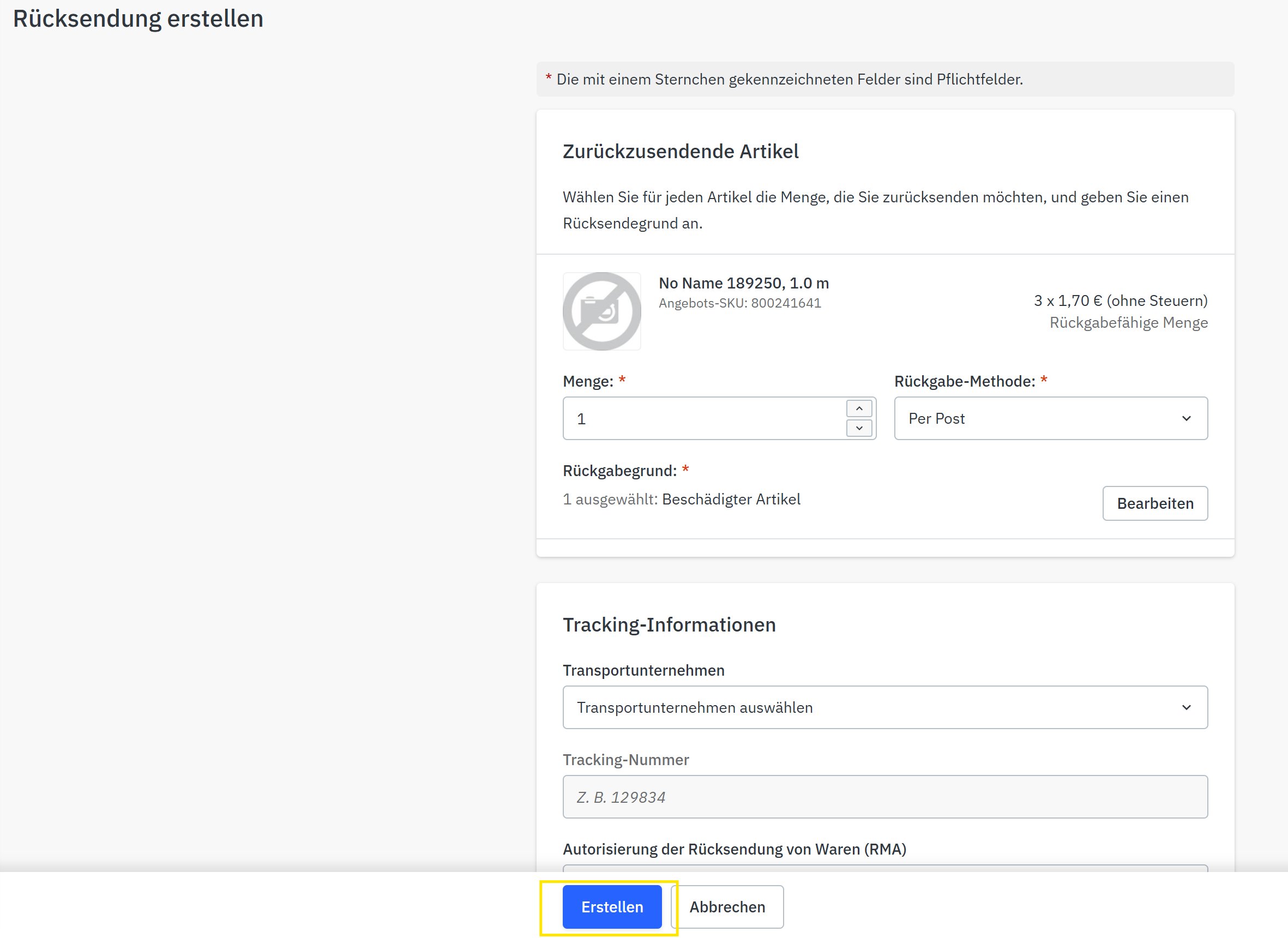 Erstellen Rückgabe  Erstellen Rückgabe