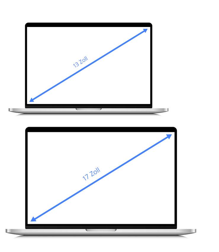 Zwei Laptops, einer mit einem 13-Zoll- und der andere mit einem 17-Zoll-Bildschirm, beide zeigen diagonale Linien mit entsprechenden Grössenangaben.