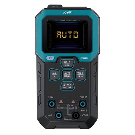 Digitales JT-MT01 Multimeter in Schwarz-Türkis mit beleuchtetem Display, ideal für präzise elektrische Messungen.