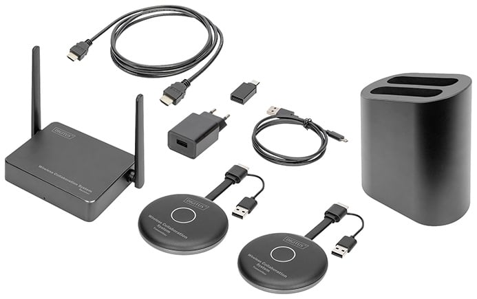 Das Digitus Wireless Collaboration System mit Receiver, zwei Transmittern, Kabeln und Ladestation für drahtlose Präsentationen.