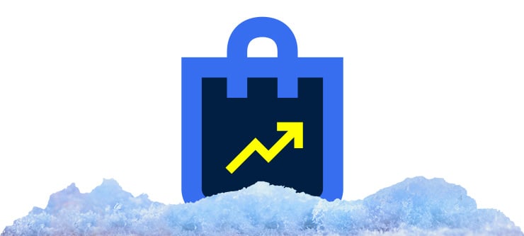 Ein Icon einer Tasche sitzt inmitten von Schnee