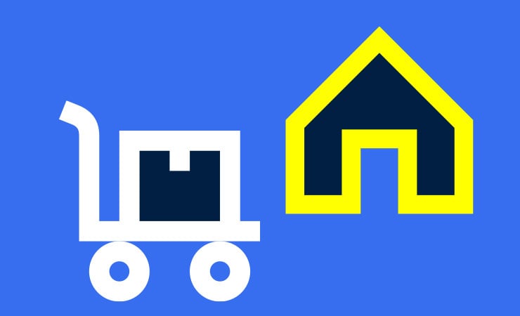 Symbolgrafik eines Pakets auf einem Rollwagen vor einem Gebäude mit gelber Tür auf blauem Hintergrund.