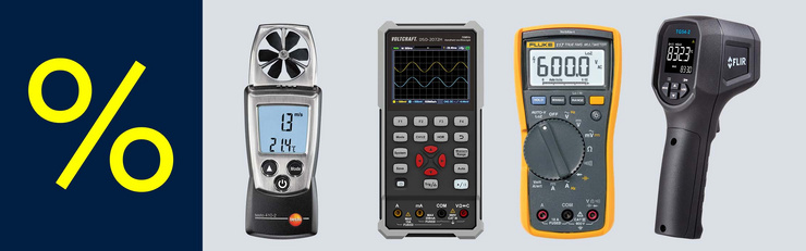 Vier Messgeräte – Anemometer, Handoszilloskop, Multimeter und Infrarot-Thermometer – neben einem Rabatt-Symbol.