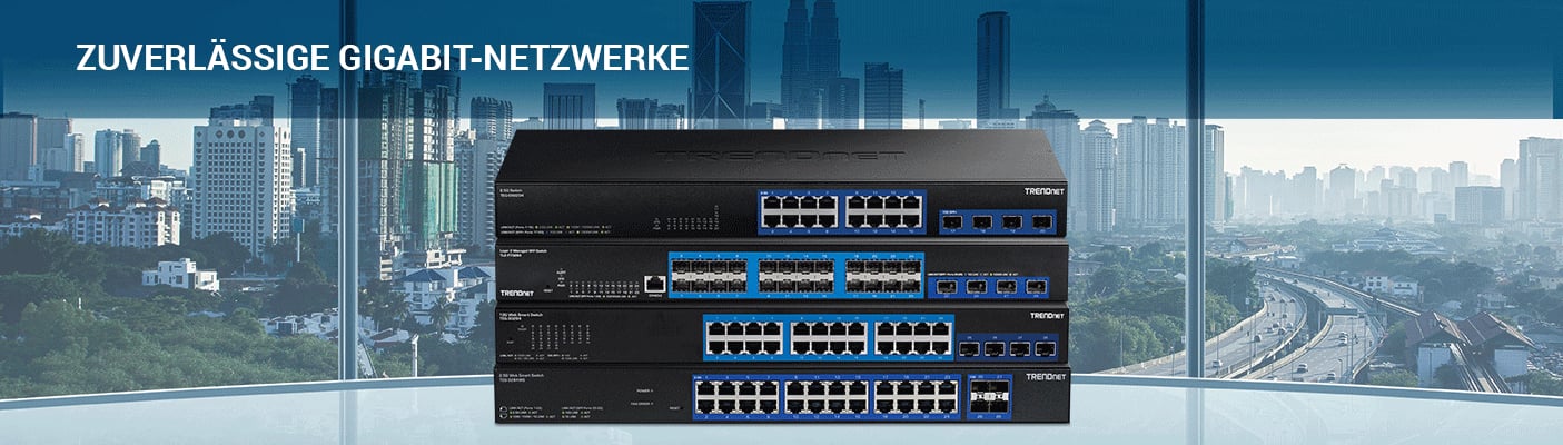 Ein Netzwerk-Switch befindet sich vor einer Stadtlandschaft, darüber ein deutscher Text, der für zuverlässige Gigabit-Netze wirbt.