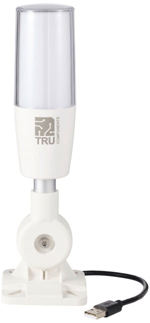 Weiße Signalsäule von Tru Components mit transparentem Aufsatz, USB-Anschluss und Montagefuß.