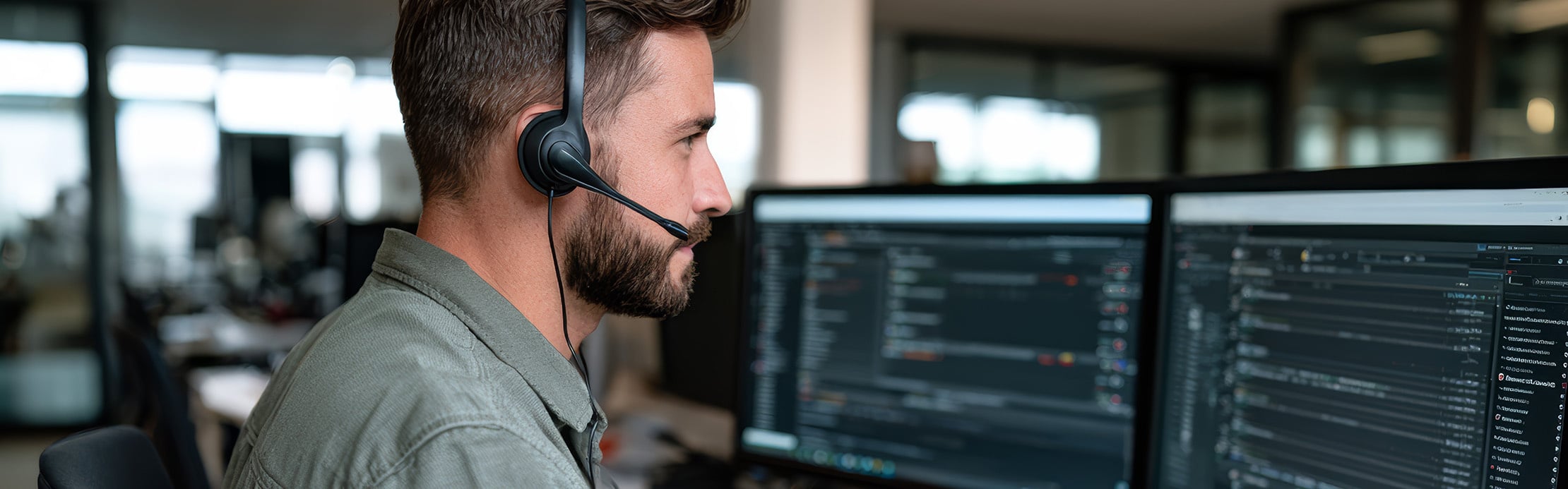 Mitarbeiter mit Headset überwacht Anwendungen auf zwei Computerbildschirmen
