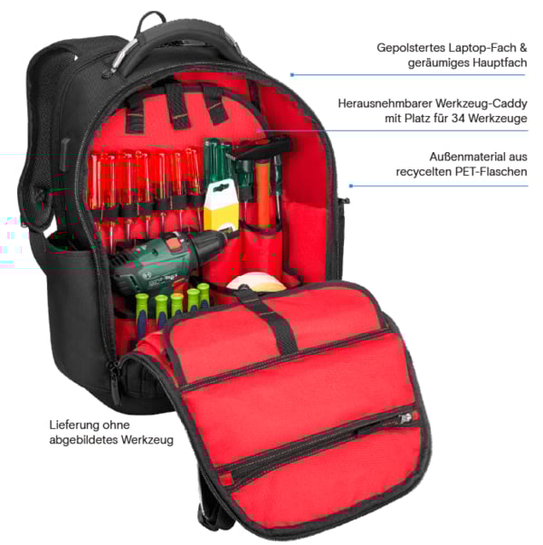 Ein geöffneter, schwarzer Wenger-Werkzeugrucksack präsentiert sein rotes Innenfutter mit einem herausnehmbaren Werkzeug-Caddy, der übersichtlich mit verschiedenen Schraubendrehern und einer Akkubohrmaschine bestückt ist.