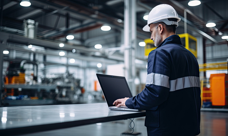 Arbeiter überwacht Remote Operations an einem Laptop