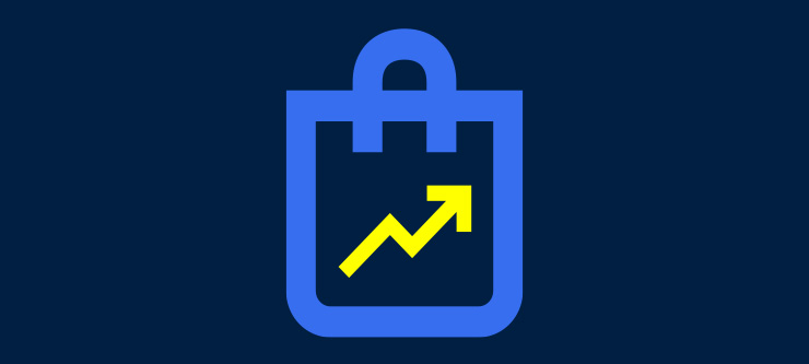 Ein Icon einer Tasche sitzt inmitten von blauen Weihnachtskugeln