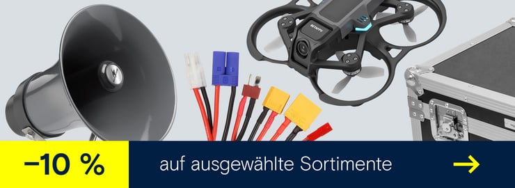 Banner mit 10 % Rabatt auf ausgewählte Sortimente, gezeigt mit Lautsprecher, Kabeln, Drohne und Transportkoffer.