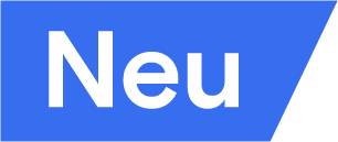 Ein blau-weißes Logo mit der Aufschrift „Neu“.