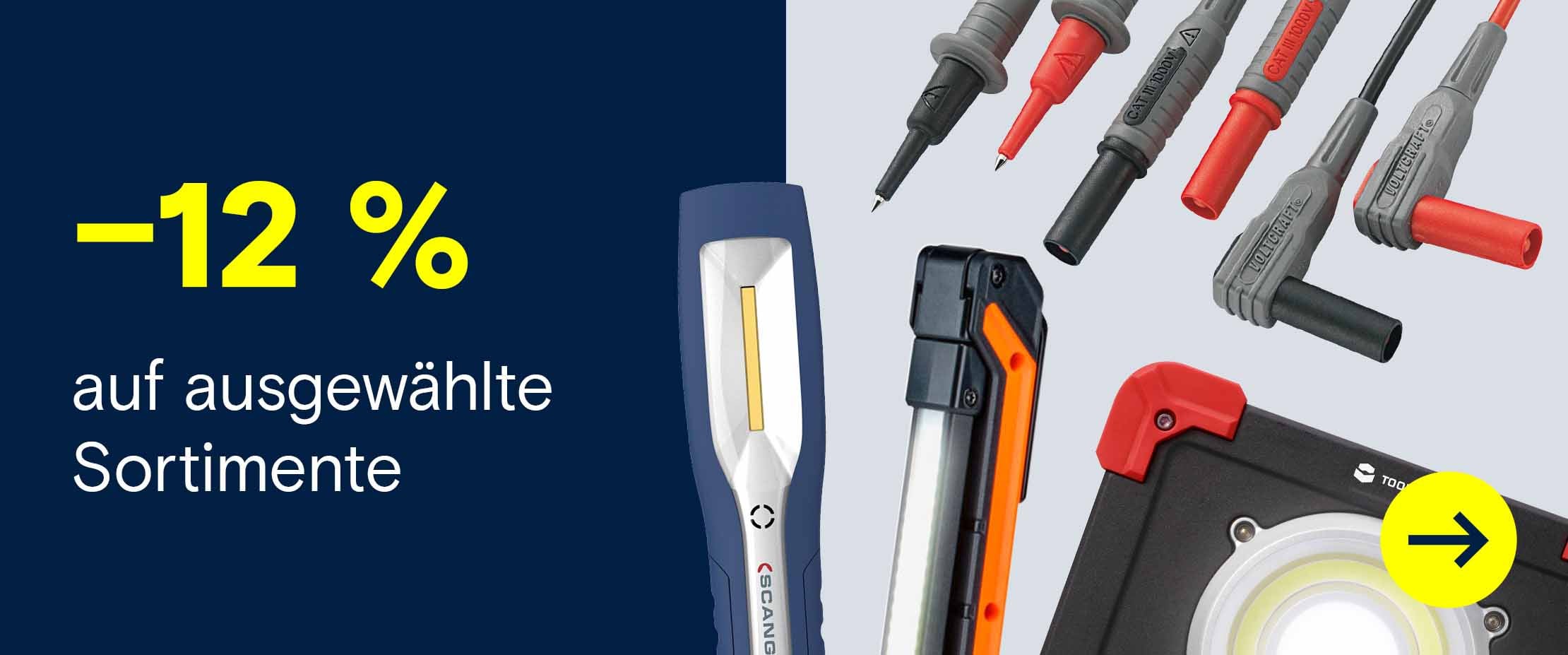 Werbebanner mit „–12 % auf ausgewählte Sortimente“ auf blauem Hintergrund sowie abgebildeten Arbeitsleuchten und Messleitungen auf der rechten Seite.