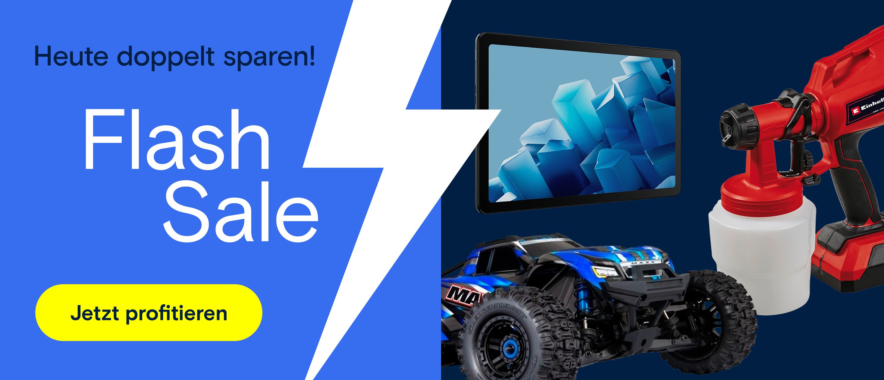 Werbebanner mit der Aufschrift "Flash Sale – Heute doppelt sparen!", daneben Tablet, ferngesteuertes Auto und Farbsprühgerät auf dunklem Hintergrund.