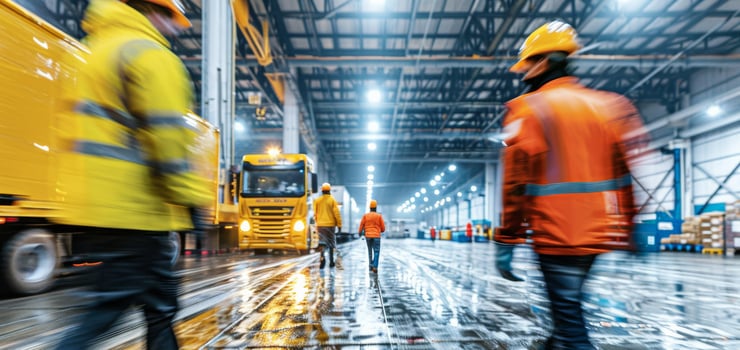 Arbeiter mit Schutzhelm und Leuchtweste in einer Lagerhalle mit Lastwagen im Hintergrund.