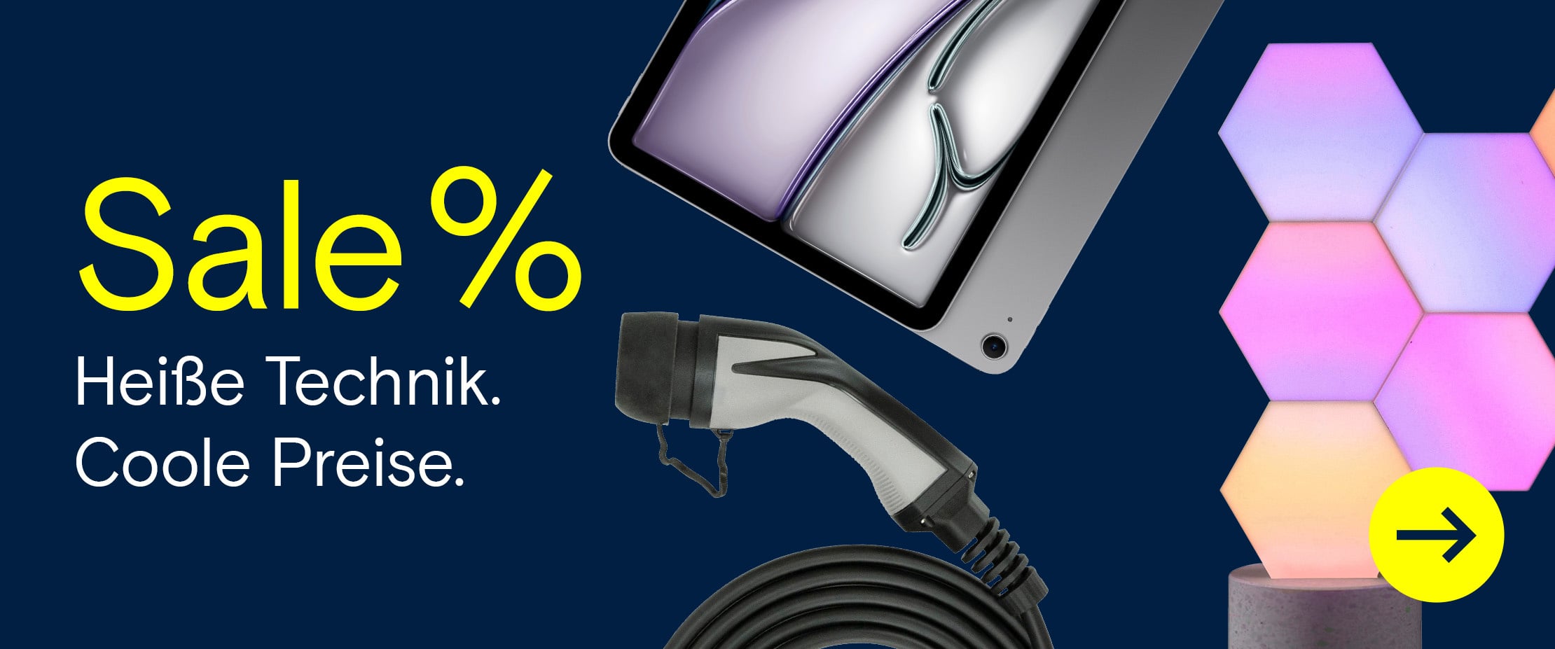 Banner zum Summer Sale mit Tablet, Ladekabel, farbigen Wandleuchten und Hinweis auf heisse Sommer-Angebote.