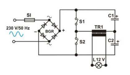 Kredsløbsdiagram for en elektronisk transformator.