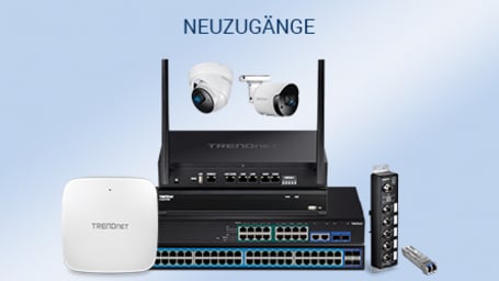 Eine Werbung für ein Netzwerkprodukt von Trendnet, in der eine Reihe von Geräten vorgestellt wird, die Kameras, Switches und einen Router umfassen.