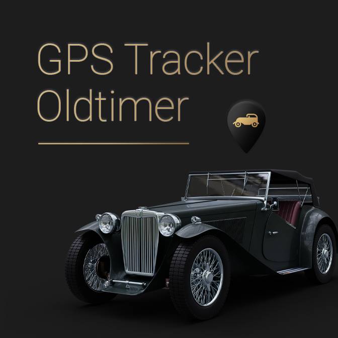 Dunkle Kachel mit dem Text "GPS Tracker Oldtimer" und einem Oldtimer. Weiterleitung einer Produktseite über Oldtimer Tracker.