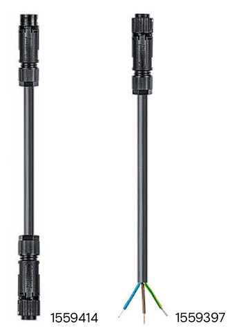 Zwei Kabel mit Steckverbindern; eines ist eine fertig konfektionierte Leitung, das andere hat offene Drahtenden.