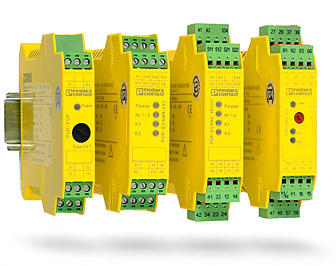 Een gedetailleerde foto van verschillende veiligheidscomponenten van Phoenix Contact. Deze tonen een reeks producten, zoals veiligheidsrelais en noodstopknoppen, die zijn ontworpen om de veiligheid van machines en systemen te waarborgen.