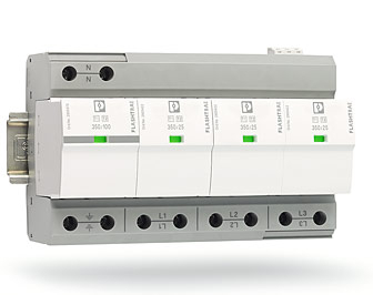 Een gedetailleerde foto van overspanningsbeveiligingsapparaten van Phoenix Contact, waarop een reeks componenten te zien is die zijn ontworpen om elektrische systemen en apparatuur te beschermen tegen blikseminslag en andere spanningspieken.
