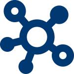Ein dunkelblaues Icon, das ein zentrales Netzwerksymbol mit verbundenen Knotenpunkten darstellt.