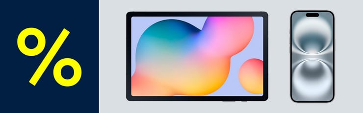 Werbebanner mit einem grossen Prozentzeichen neben einem Android-Tablet und einem Apple iPhone