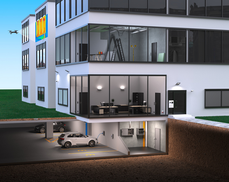 3D-Abbild eines Hauses mit diverser Gebäudetechnik