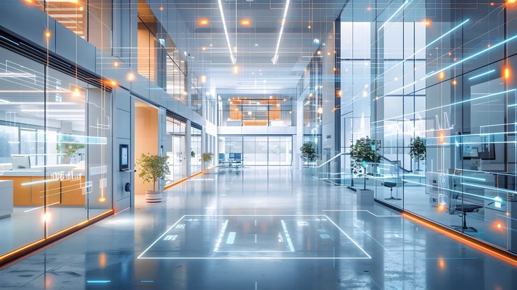 Bürogebäude mit Glaswänden und digital eingeblendeten Linien, Symbolen und Datenströmen, die den Einsatz von IoT-Sensoren darstellen.