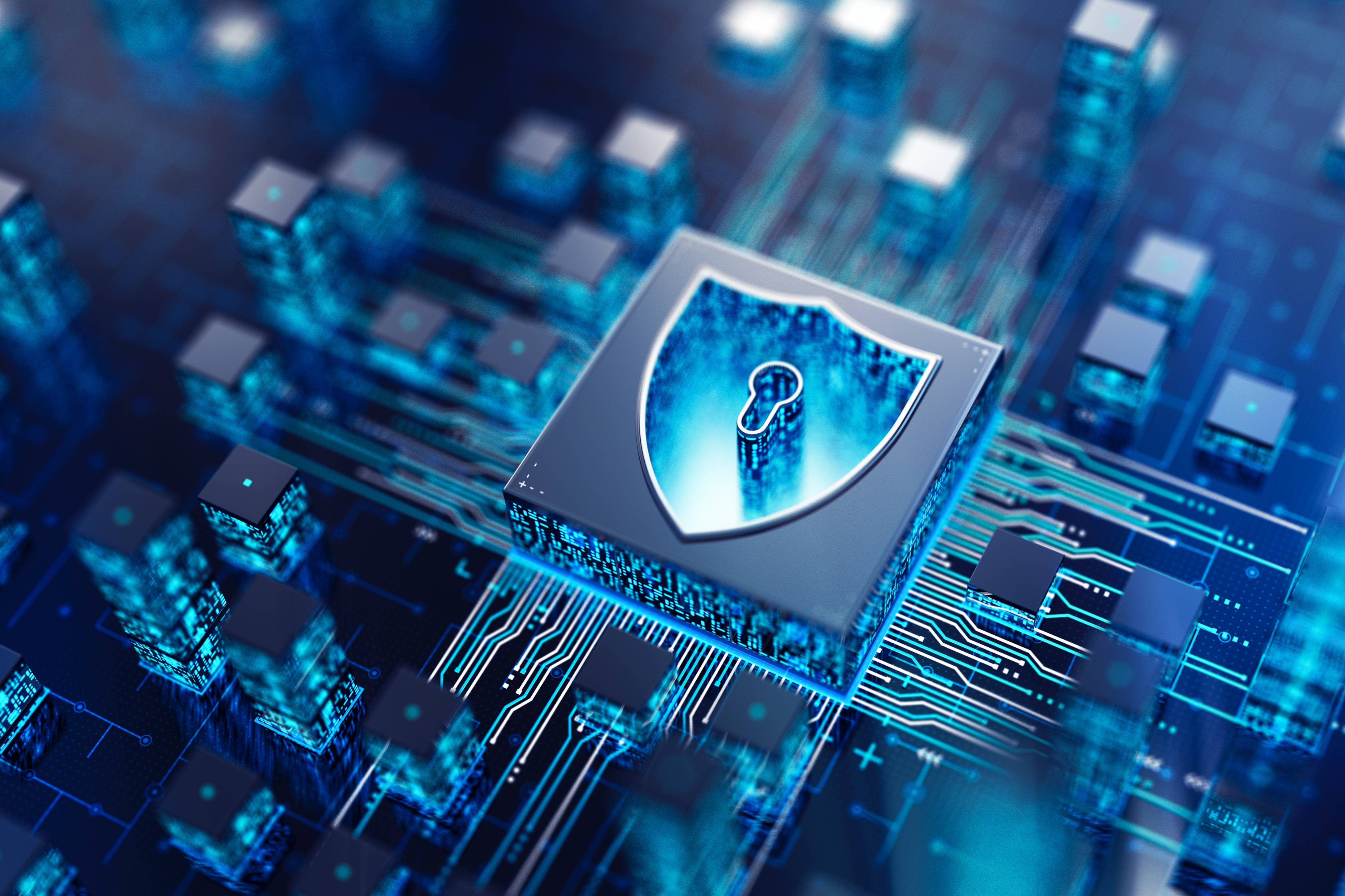 Digitales Bild eines Computerchips mit einem Schutzschild und einem Schlüssel, symbolisiert Cybersicherheit.