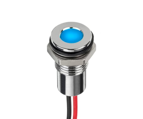 Blau leuchtende LED-Signalleuchte von APEM in einem verchromten Metallgehäuse zur Frontplattenmontage mit Dichtungsring und Anschlusskabeln.