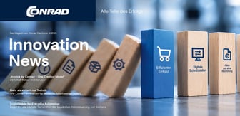 Titelbild des Conrad-Magazins „Innovation News“ (Ausgabe 3/2026) mit dem Slogan „Alle Teile des Erfolgs“, dargestellt durch eine Reihe von Dominosteinen mit Wirtschaftssymbolen und Aufschriften wie „Effizienter Einkauf“ und „Digitale Schnittstellen“.