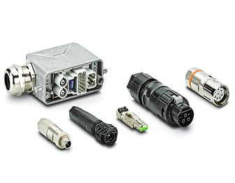 Een foto van verschillende heavy-duty connectoren van Phoenix Contact. Deze benadrukken het robuuste ontwerp en de hoge prestaties voor gebruik in veeleisende industriële omgevingen.