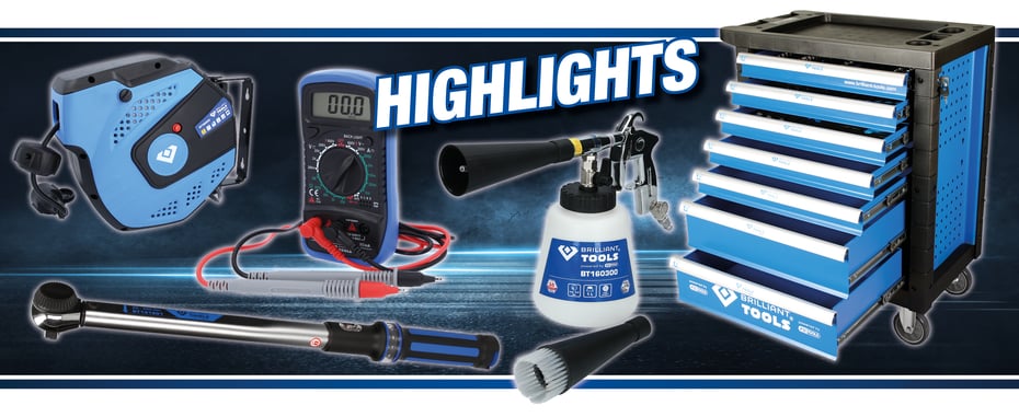 Werbebanner mit Brilliant Tools Highlights wie einem bestückten Werkstattwagen, Drehmomentschlüssel, Multimeter und einer Druckluft-Reinigungspistole vor einem dunklen Hintergrund mit dem Schriftzug „Highlights“.