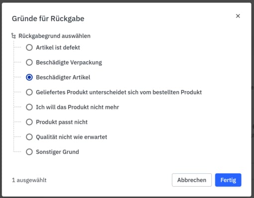 Gründe für Rückgabe Gründe für Rückgabe