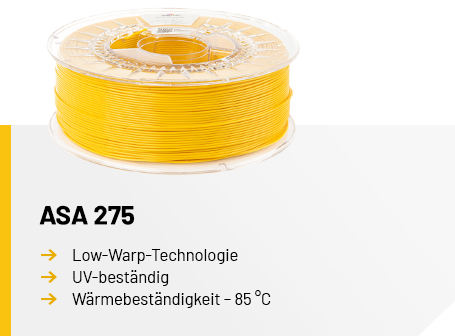 Eine transparente Spule mit gelbem Filament über einer Infografik, die den Schriftzug „ASA 275“ sowie die Eigenschaften Low-Warp-Technologie, UV-beständig und eine Wärmebeständigkeit bis 85 °C auflistet.