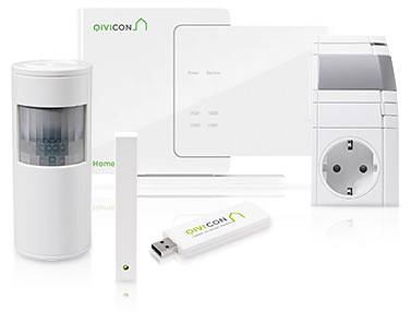 Qivicon Smart Home Starter-Set mit Zentrale, smarter Steckdose, Bewegungsmelder und Türsensor.