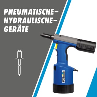 Das Bild zeigt ein blaues pneumatisch-hydraulisches Nietgerät des Modells Gesipa Taurus 2 mit einem schwarzen Dornsammler und einer gelben Akzentfarbe, daneben eine weiße Strichzeichnung eines Blindniets und den Text "PNEUMATISCHE-HYDRAULISCHE-GERÄTE".