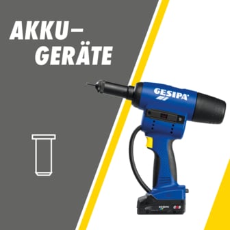 Das Bild zeigt ein blaues Akku-Nietgerät von Gesipa mit einem montierten Akku und einem schwarzen Mundstück, daneben eine weiße Strichzeichnung einer Blindnietmutter und dem Text "AKKUGERÄTE".
