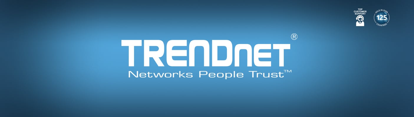 Trendnet-Logo auf blauem Hintergrund.