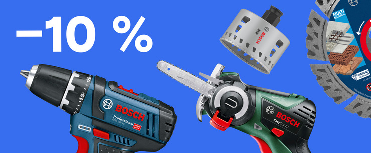 Bosch Akkuschrauber, EasyCut NanoBlade-Säge, Lochsäge und Diamanttrennscheibe auf blauem Hintergrund mit dem Hinweis «-10 %».