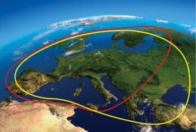 Ausleuchtzonen Astra (rot) und Eutelsat (gelb)