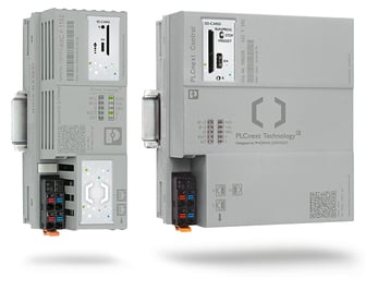 L'image montre deux appareils d'automatisation industrielle PLCnext Control gris avec différents ports et voyants lumineux.