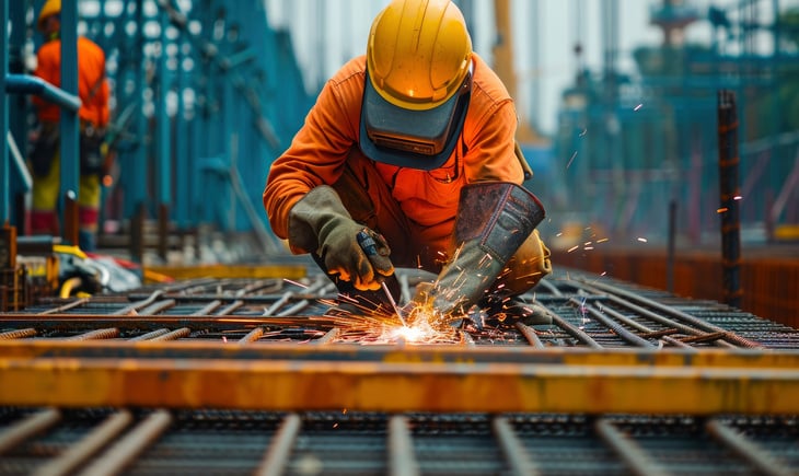 Arbeiter mit smarter Schutzausrüstung auf der Baustelle beim Schweissen von Stahlträgern