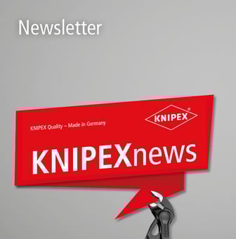 Bild des Knipexnews Newsletters, mit einem roten grafischen Element und einer Knipex Zange, die darunter hervorsteht.