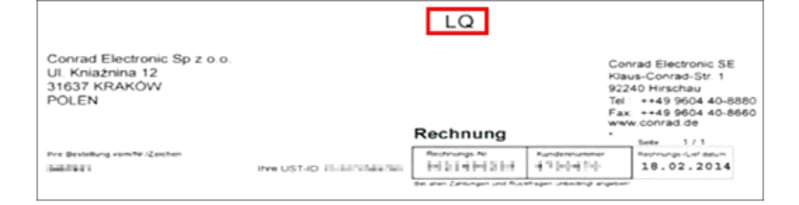Dokument von Conrad Electronic SE zeigt Rechnungsinformationen, Adressen. Roter Kasten mit "LGD".