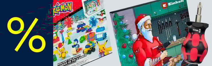 Abgebildet sind zwei Adventskalender – ein Pokémon-Mega-Constructs-Kalender mit Spielfiguren und ein Einhell-Adventskalender mit Werkzeugmotiv und Schraubendreher.