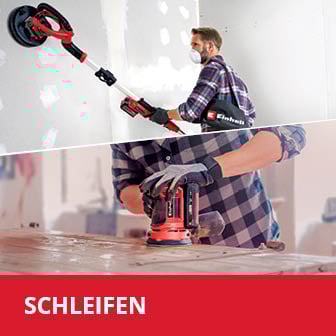  Das Bild ist in zwei Abschnitte unterteilt: Im oberen Teil schleift ein Mann mit einer Atemschutzmaske und einem Langhalsschleifer eine Wand, während im unteren Teil eine Person mit einem Exzenterschleifer eine Holzoberfläche bearbeitet, mit dem roten Schriftzug "SCHLEIFEN" am unteren Bildrand.