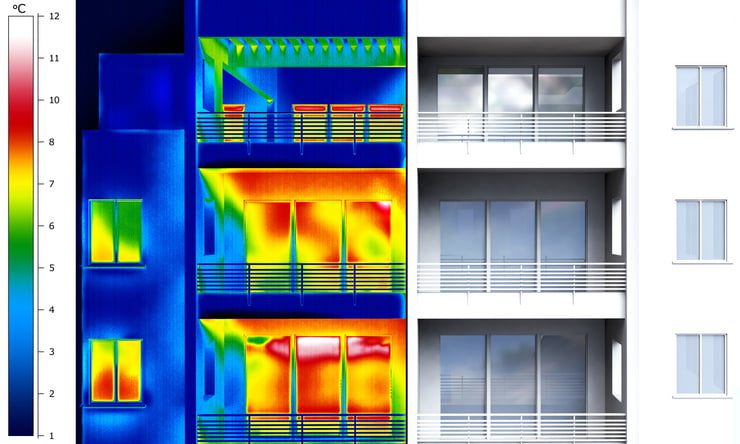Wärmebildaufnahme einer Gebäudefassade mit Temperaturskala, die schrittweise in ein sichtbares Foto der Fassade mit Fenstern und Balkonen übergeh