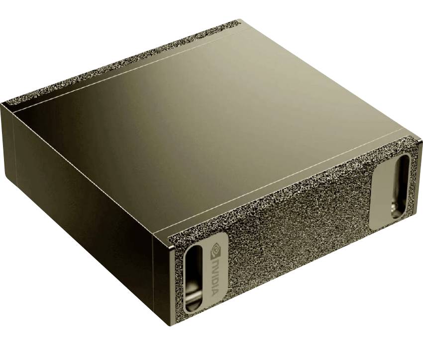 Ein kompakter, bronzefarbener NVIDIA-Mini PC, DGX Spark - Founders Edition, mit metallischer Oberfläche und seitlichen Aussparungen wird perspektivisch auf weißem Hintergrund dargestellt.